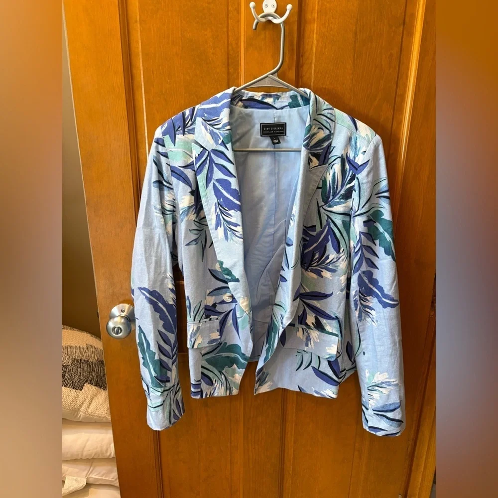 G By Giuliana Black Label Tropical Floral Blue Blazer Jacket Size Large